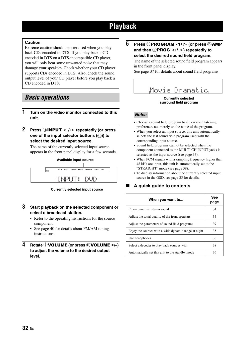 Playback, Basic operations, Movie dramatic | Basic operations input: dvd | Yamaha RX-V561 User Manual | Page 36 / 86