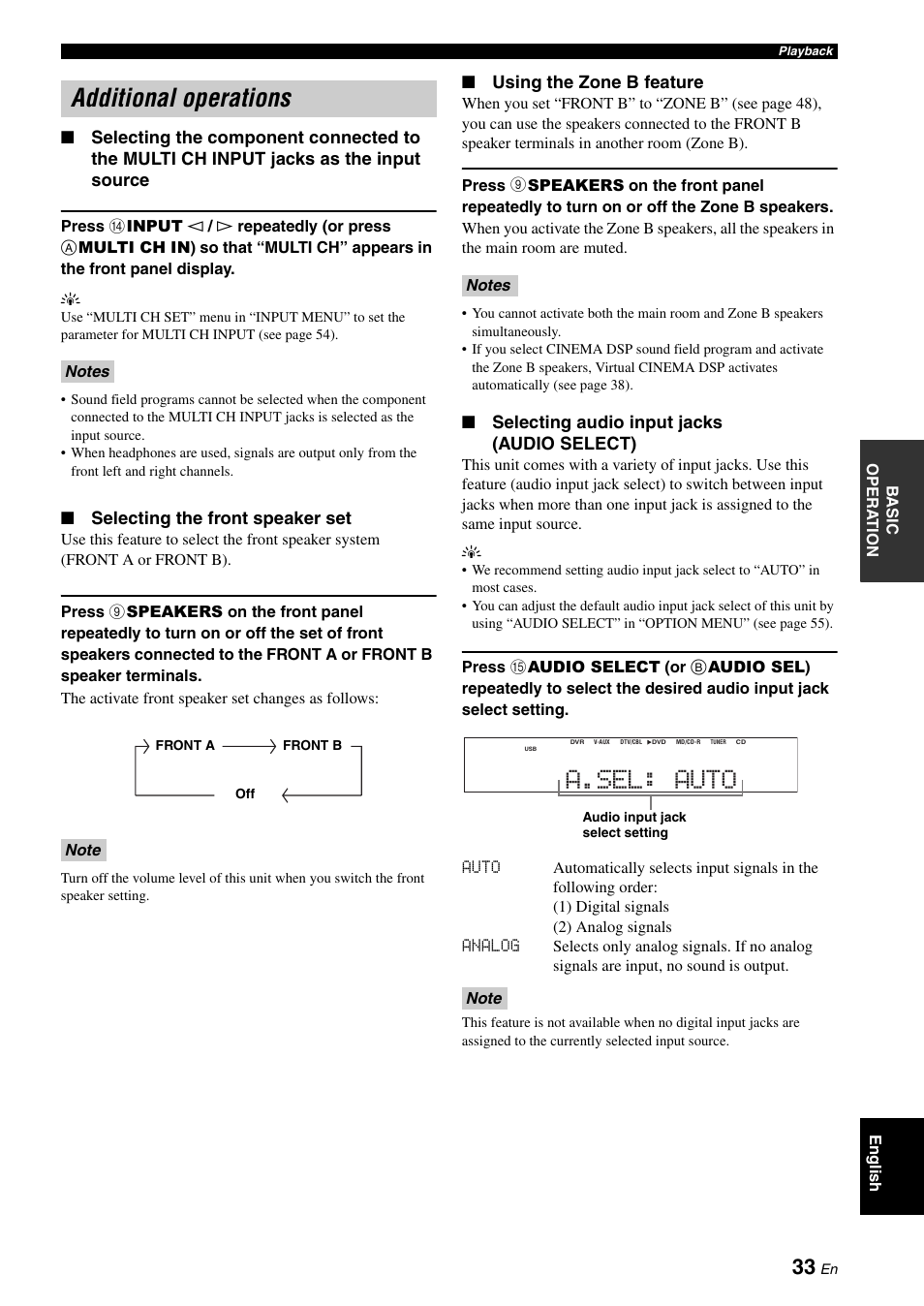 Additional operations, A.sel: auto | Yamaha RX-V561 User Manual | Page 37 / 86
