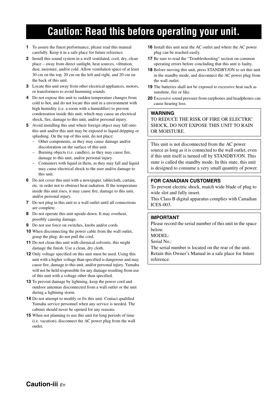 Caution: read this before operating your unit, Caution-iii | Yamaha RX-V561 User Manual | Page 4 / 86