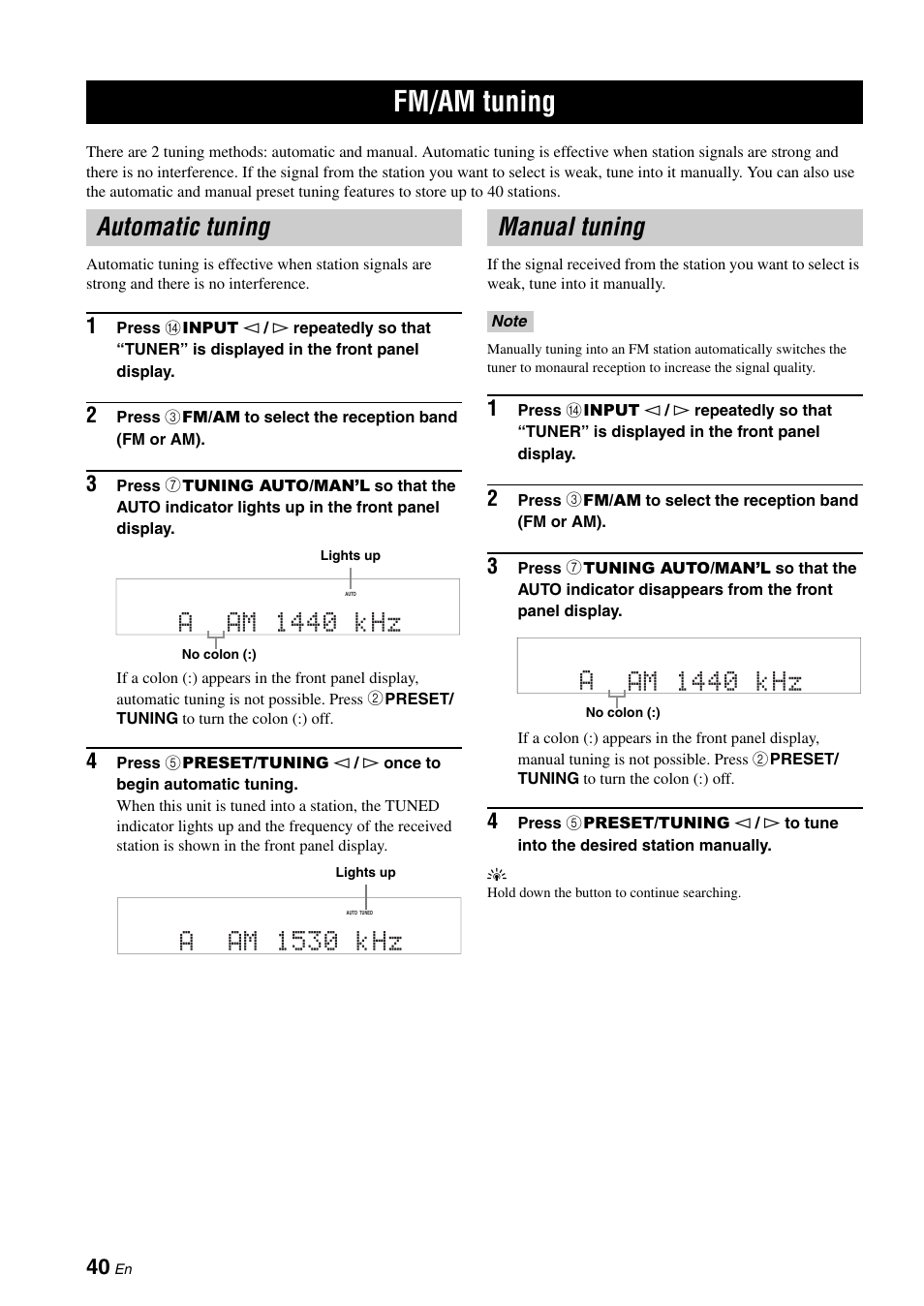 Fm/am tuning, Automatic tuning, Manual tuning | Aam 1440 khz, Aam 1530 khz | Yamaha RX-V561 User Manual | Page 44 / 86