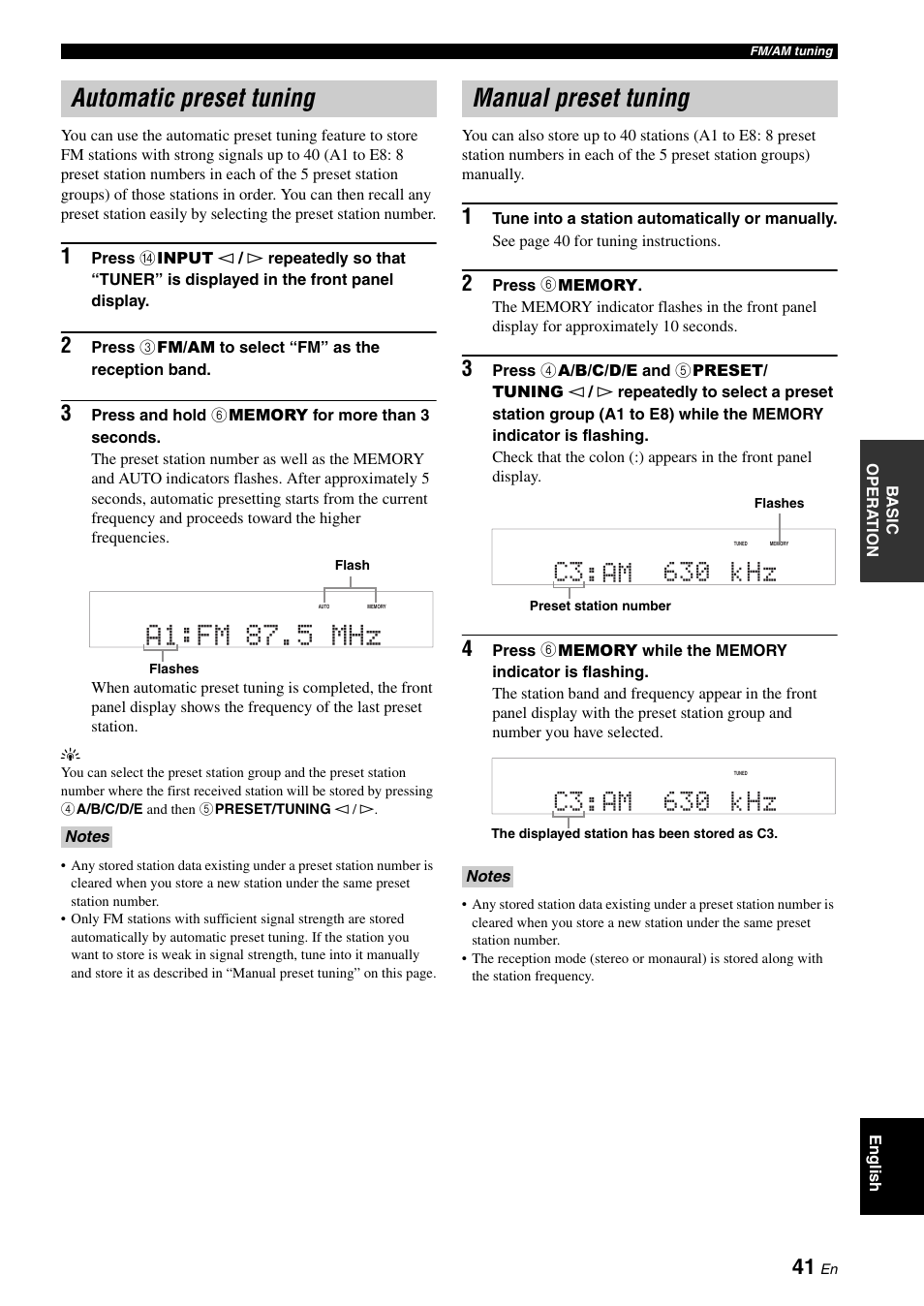 Automatic preset tuning, Manual preset tuning, A1:fm 87.5 mhz | C3 am 630 khz | Yamaha RX-V561 User Manual | Page 45 / 86