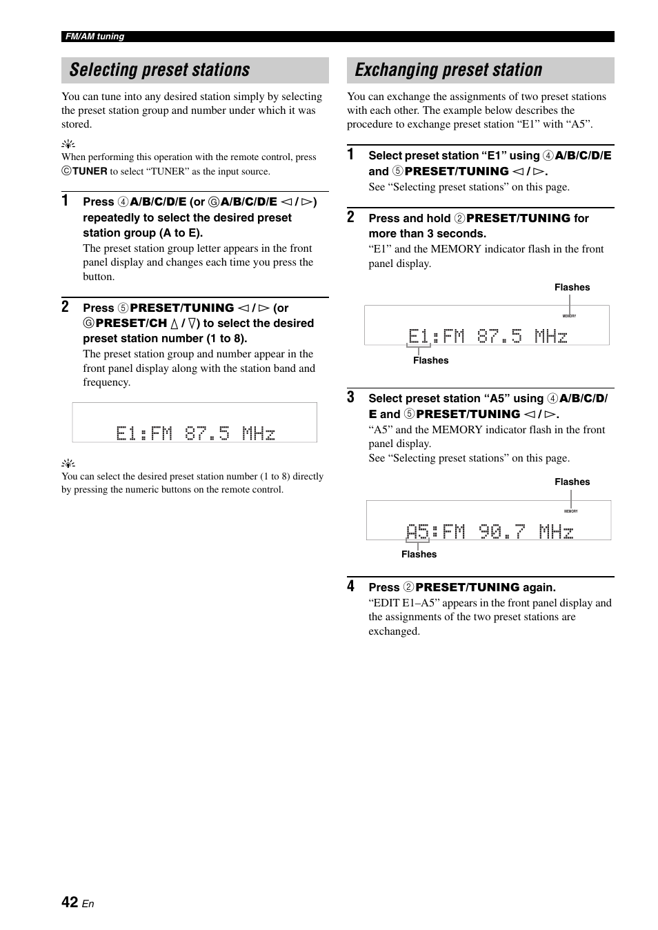 Selecting preset stations, Exchanging preset station, A5 fm 90.7 mhz | E1 fm 87.5 mhz | Yamaha RX-V561 User Manual | Page 46 / 86