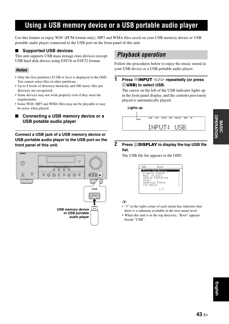 Playback operation, Playback operation input: usb, Supported usb devices | Yamaha RX-V561 User Manual | Page 47 / 86