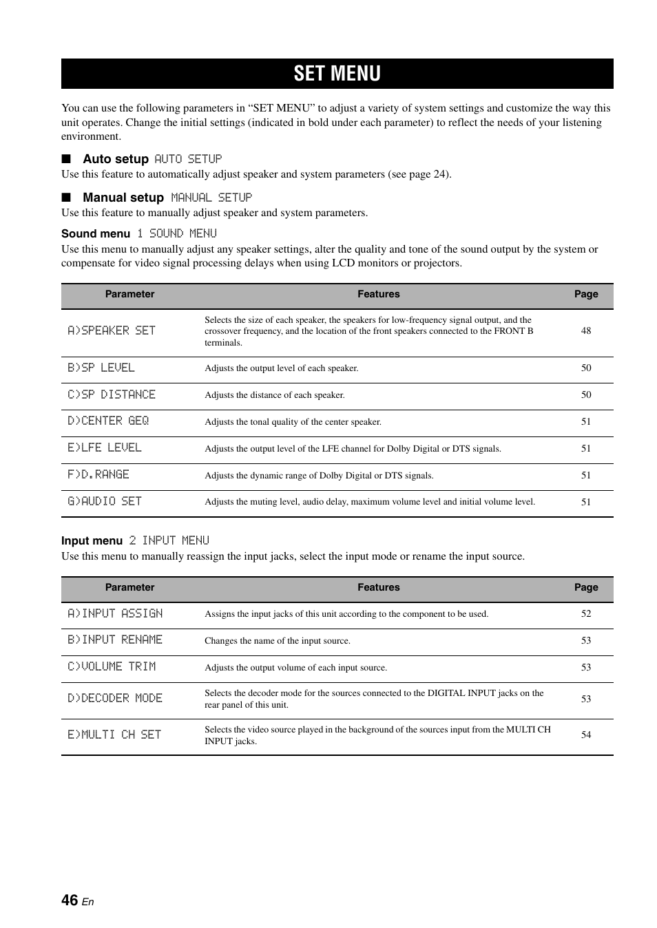 Set menu | Yamaha RX-V561 User Manual | Page 50 / 86