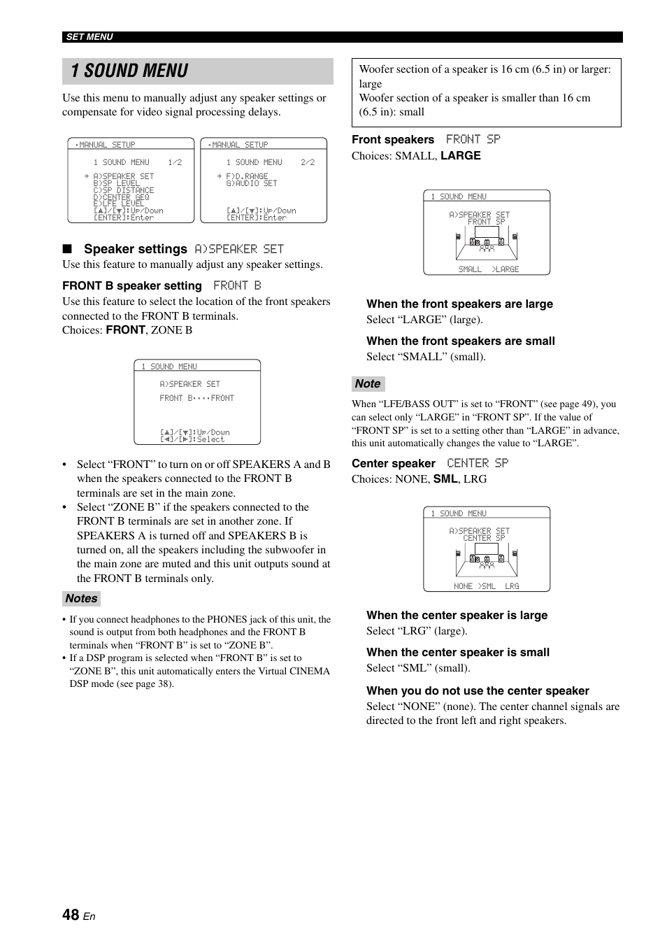 1 sound menu, Speaker settings | Yamaha RX-V561 User Manual | Page 52 / 86