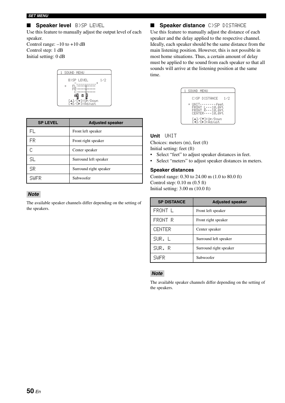 Speaker level, Speaker distance | Yamaha RX-V561 User Manual | Page 54 / 86