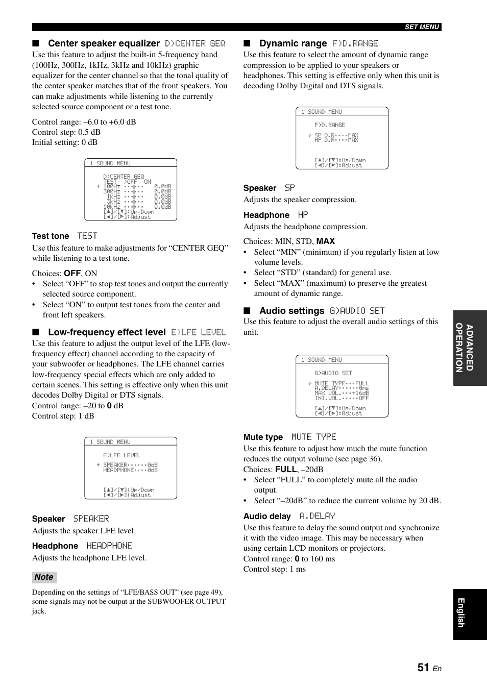 Center speaker equalizer, Low-frequency effect level, Dynamic range | Audio settings | Yamaha RX-V561 User Manual | Page 55 / 86
