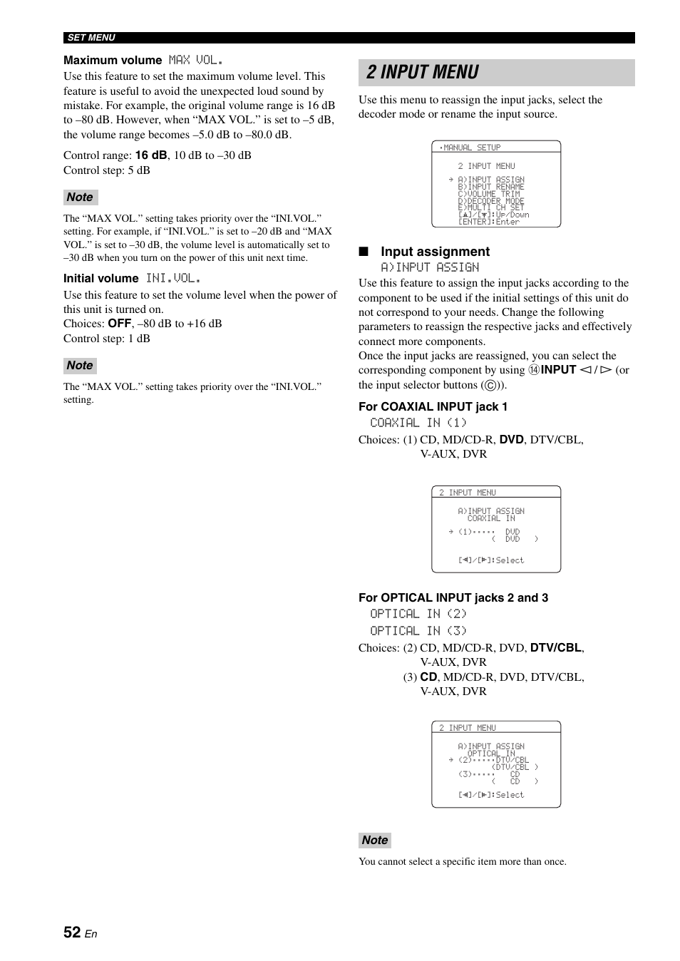 2 input menu, Input assignment | Yamaha RX-V561 User Manual | Page 56 / 86