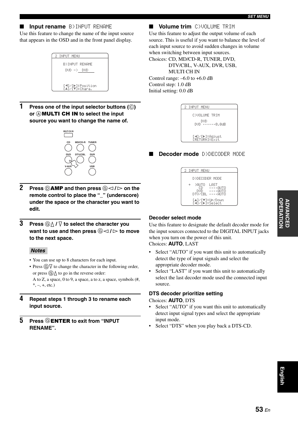 Input rename, Volume trim, Decoder mode | Yamaha RX-V561 User Manual | Page 57 / 86