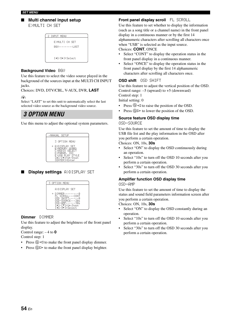3 option menu, Multi channel input setup, Display settings | Yamaha RX-V561 User Manual | Page 58 / 86