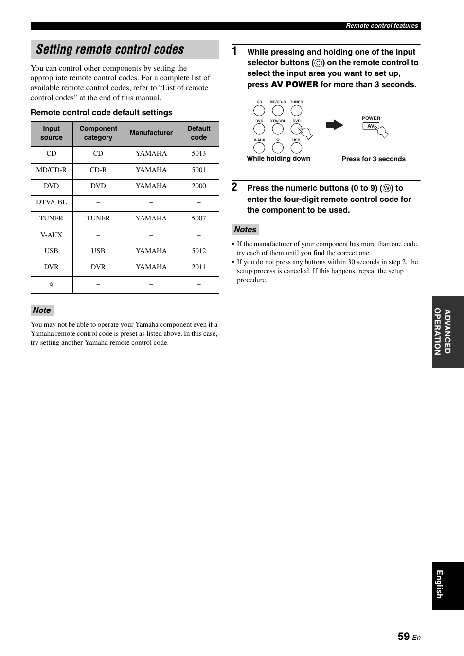 Setting remote control codes | Yamaha RX-V561 User Manual | Page 63 / 86