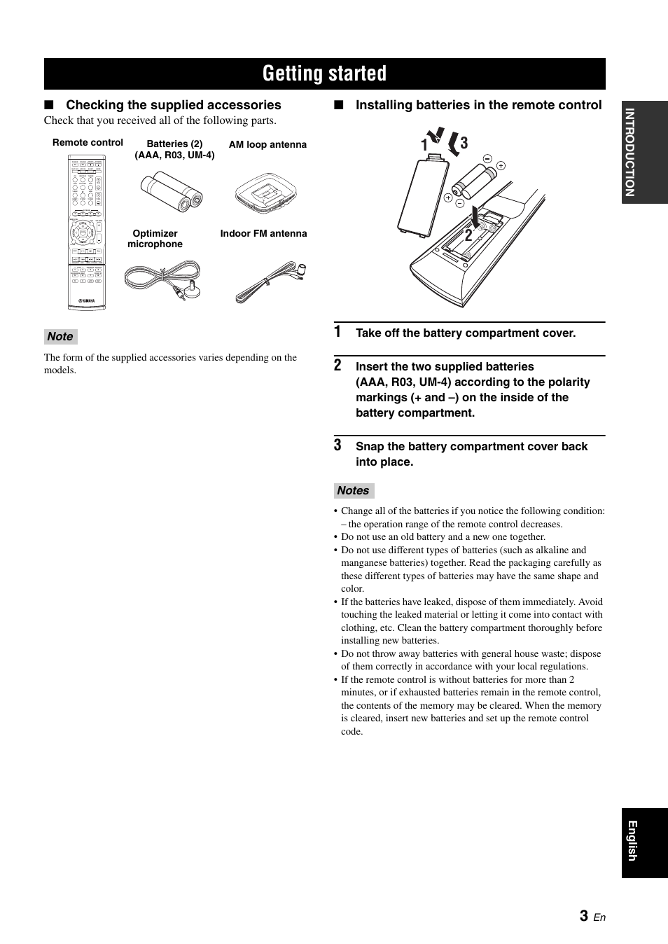 Getting started, Checking the supplied accessories, Installing batteries in the remote control | English intr oduction, Check that you received all of the following parts, Take off the battery compartment cover, Snap the battery compartment cover back into place, Scene | Yamaha RX-V561 User Manual | Page 7 / 86