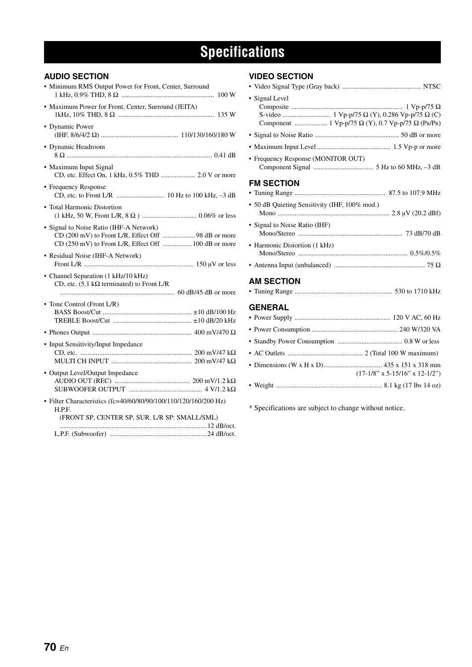 Specifications | Yamaha RX-V561 User Manual | Page 74 / 86