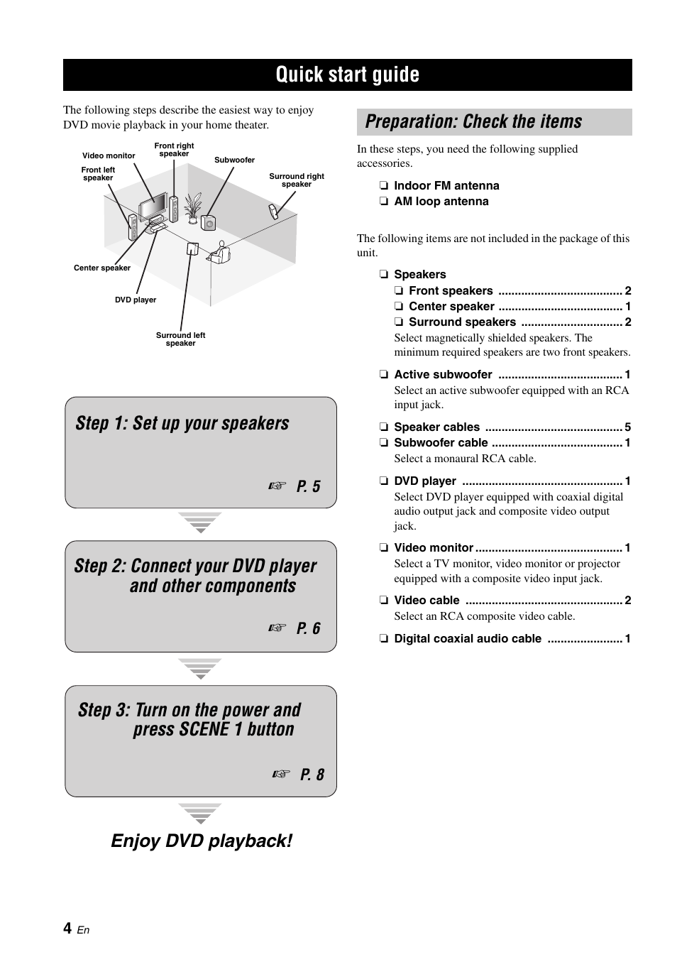 Quick start guide, Preparation: check the items, P. 6 | P. 8, P. 5 | Yamaha RX-V561 User Manual | Page 8 / 86