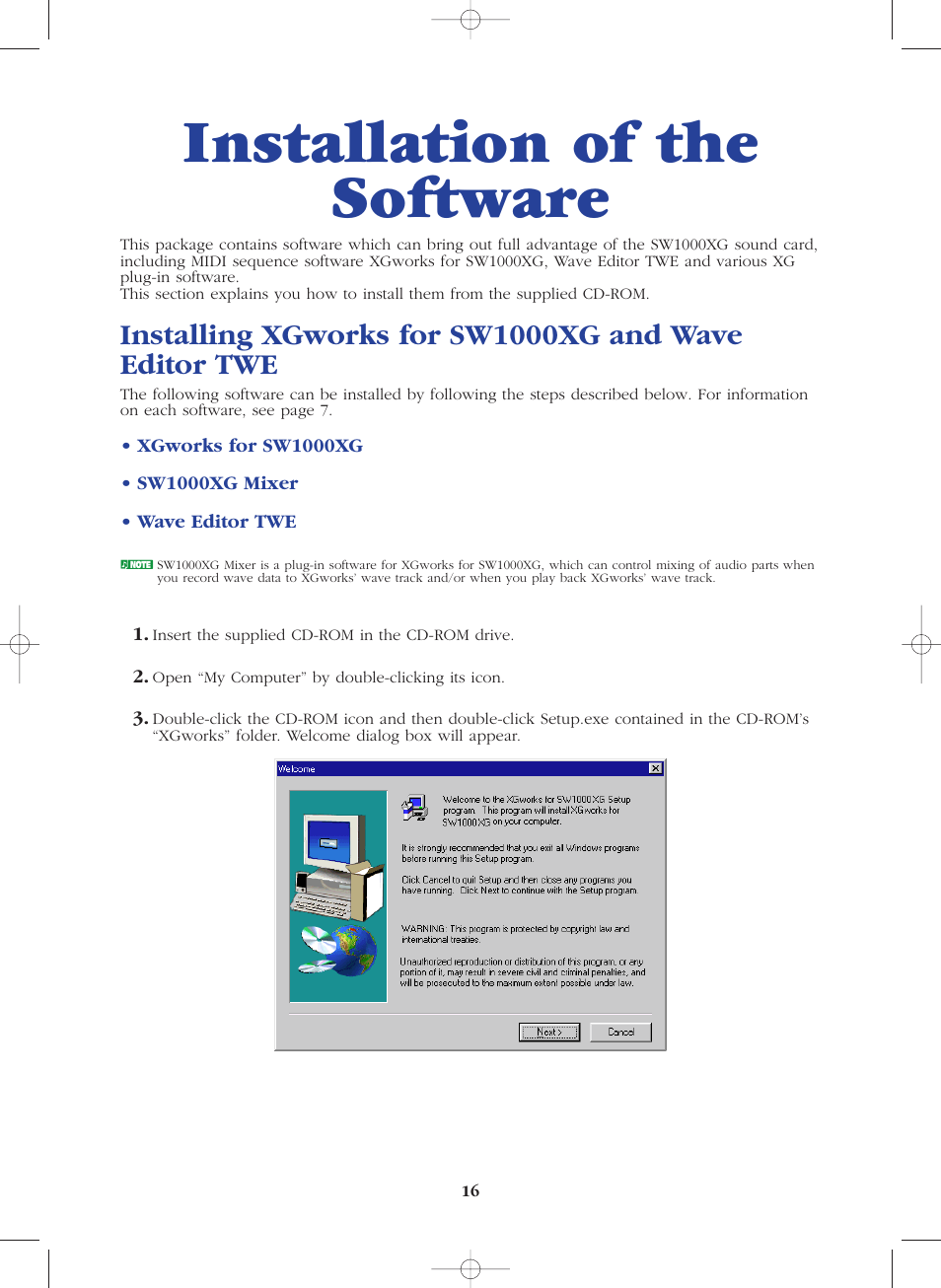 Installation of the software | Yamaha SW1000XG-E User Manual | Page 16 / 48