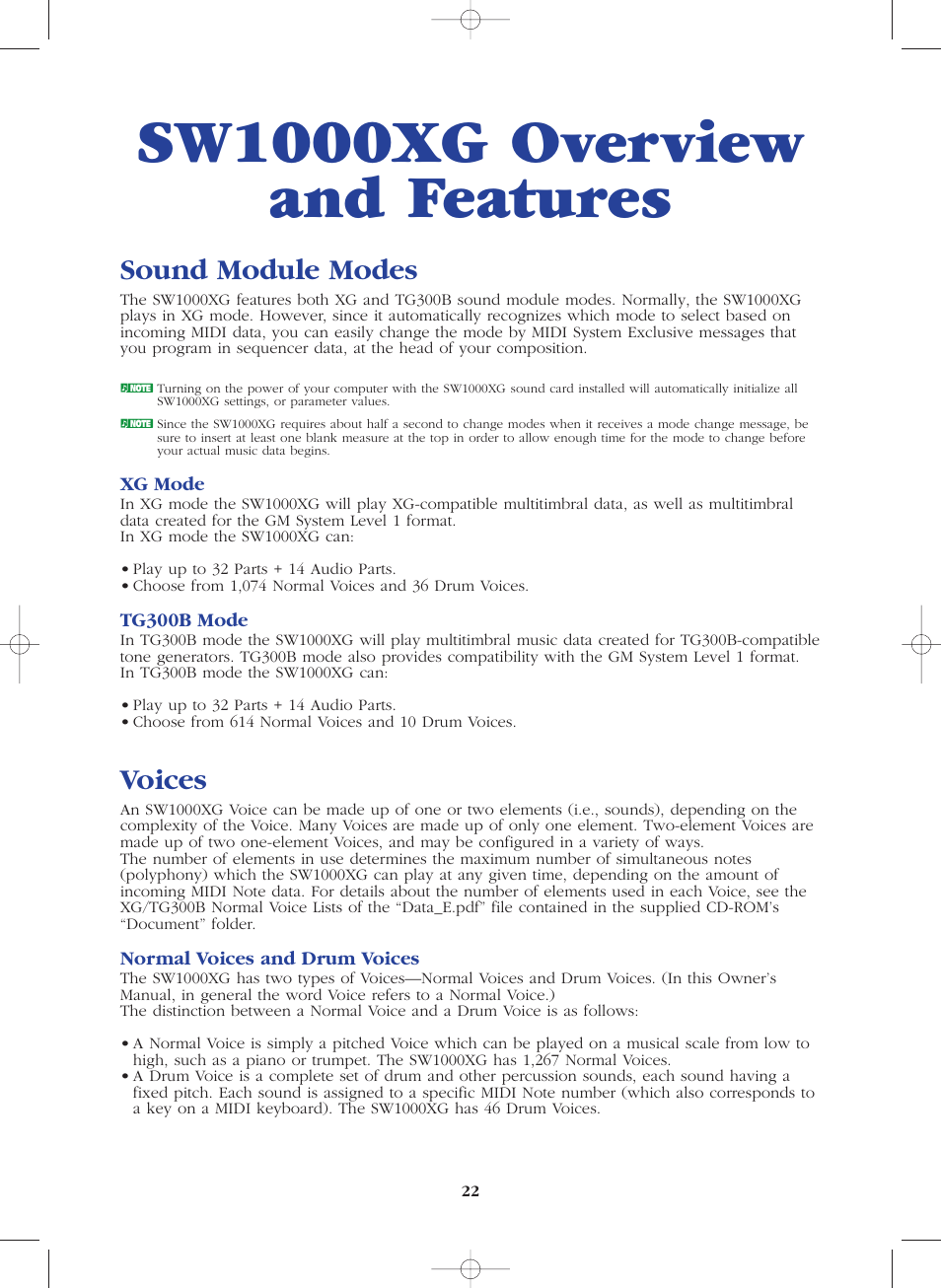 Sw1000xg overview and features, Sound module modes, Voices | Sound module modes voices | Yamaha SW1000XG-E User Manual | Page 22 / 48