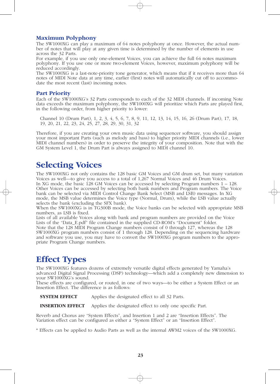 Selecting voices, Effect types, Selecting voices effect types | Yamaha SW1000XG-E User Manual | Page 23 / 48