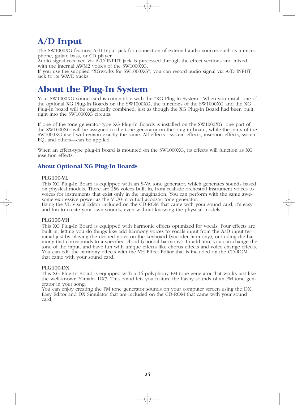 A/d input, About the plug-in system, A/d input about the plug-in system | Yamaha SW1000XG-E User Manual | Page 24 / 48