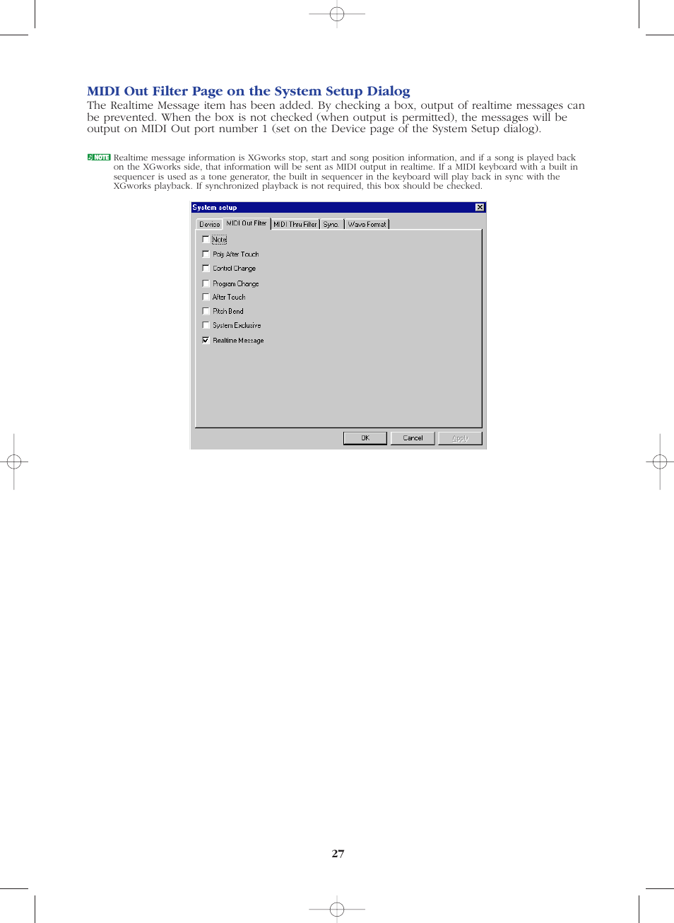 Midi out filter page on the system setup dialog | Yamaha SW1000XG-E User Manual | Page 27 / 48