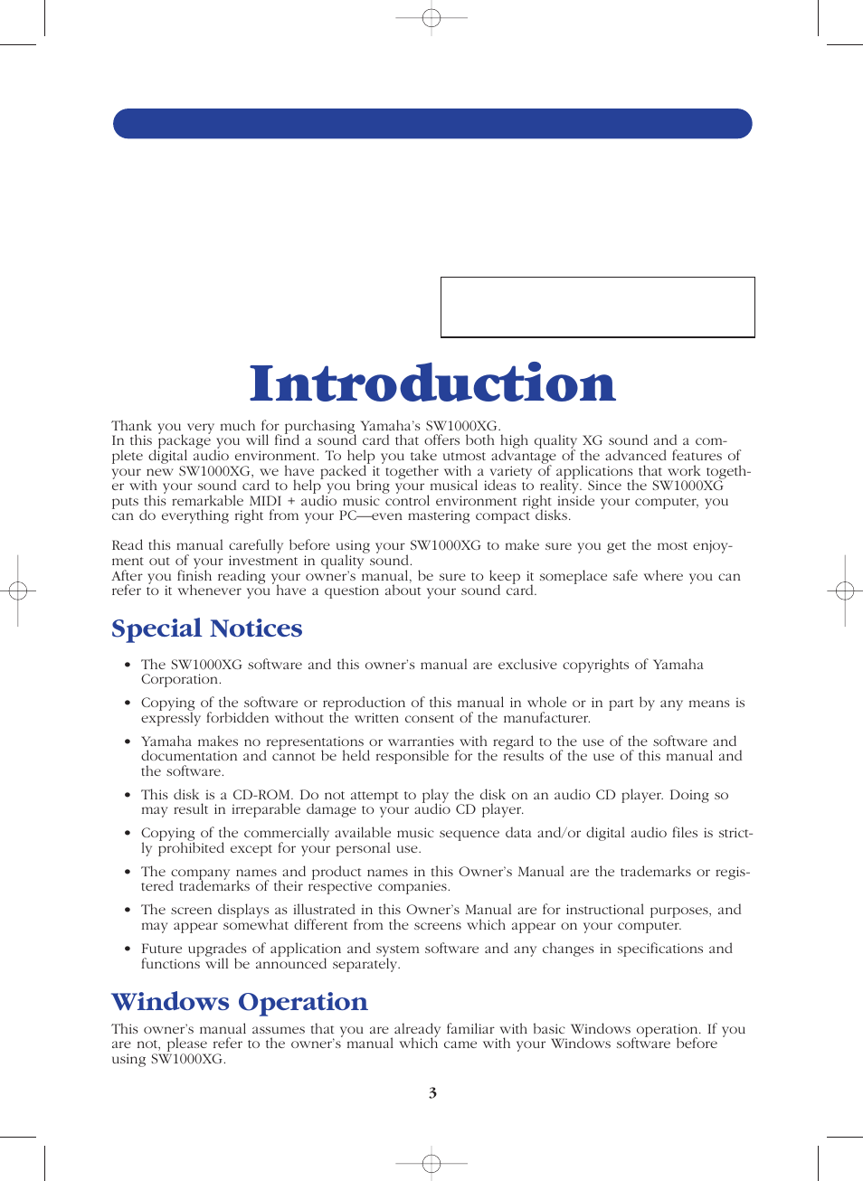 Introduction, Special notices, Windows operation | Precautions | Yamaha SW1000XG-E User Manual | Page 3 / 48