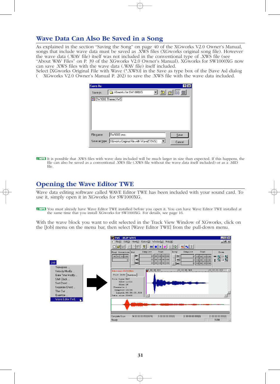 Wave data can also be saved in a song, Opening the wave editor twe | Yamaha SW1000XG-E User Manual | Page 31 / 48