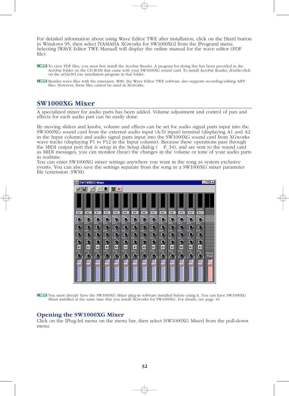 Sw1000xg mixer, Opening the sw1000xg mixer | Yamaha SW1000XG-E User Manual | Page 32 / 48