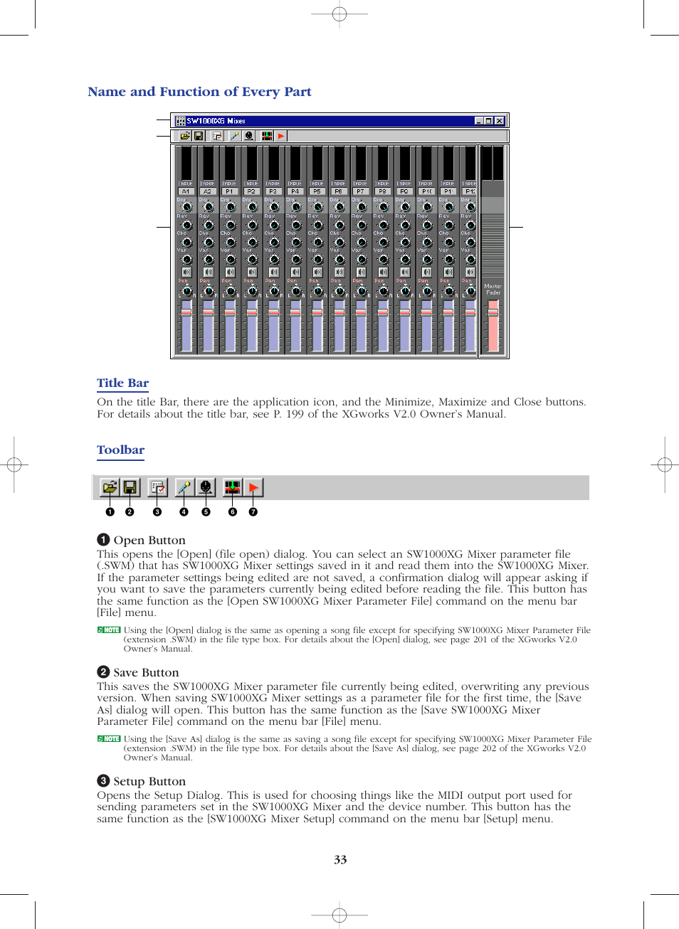 Name and function of every part, Title bar, Toolbar 1 open button | 2 save button, 3 setup button | Yamaha SW1000XG-E User Manual | Page 33 / 48
