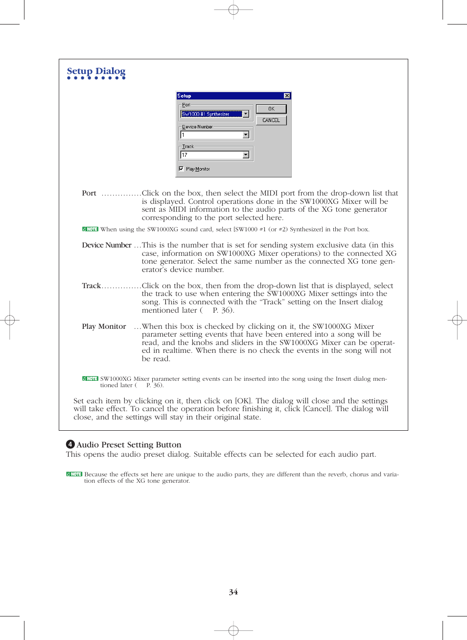 Setup dialog | Yamaha SW1000XG-E User Manual | Page 34 / 48