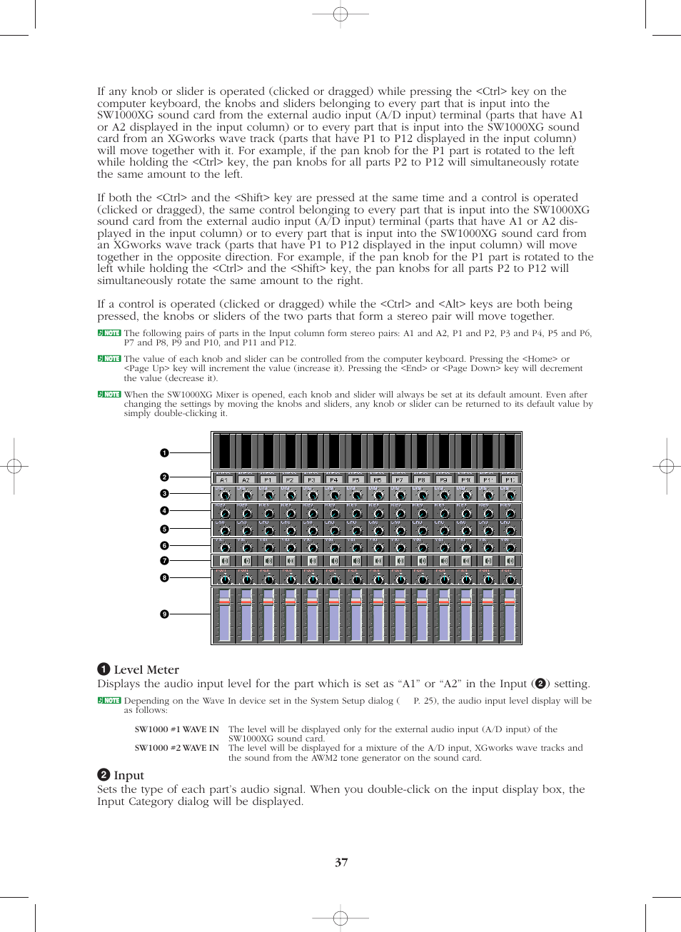 1 level meter, 2 input | Yamaha SW1000XG-E User Manual | Page 37 / 48