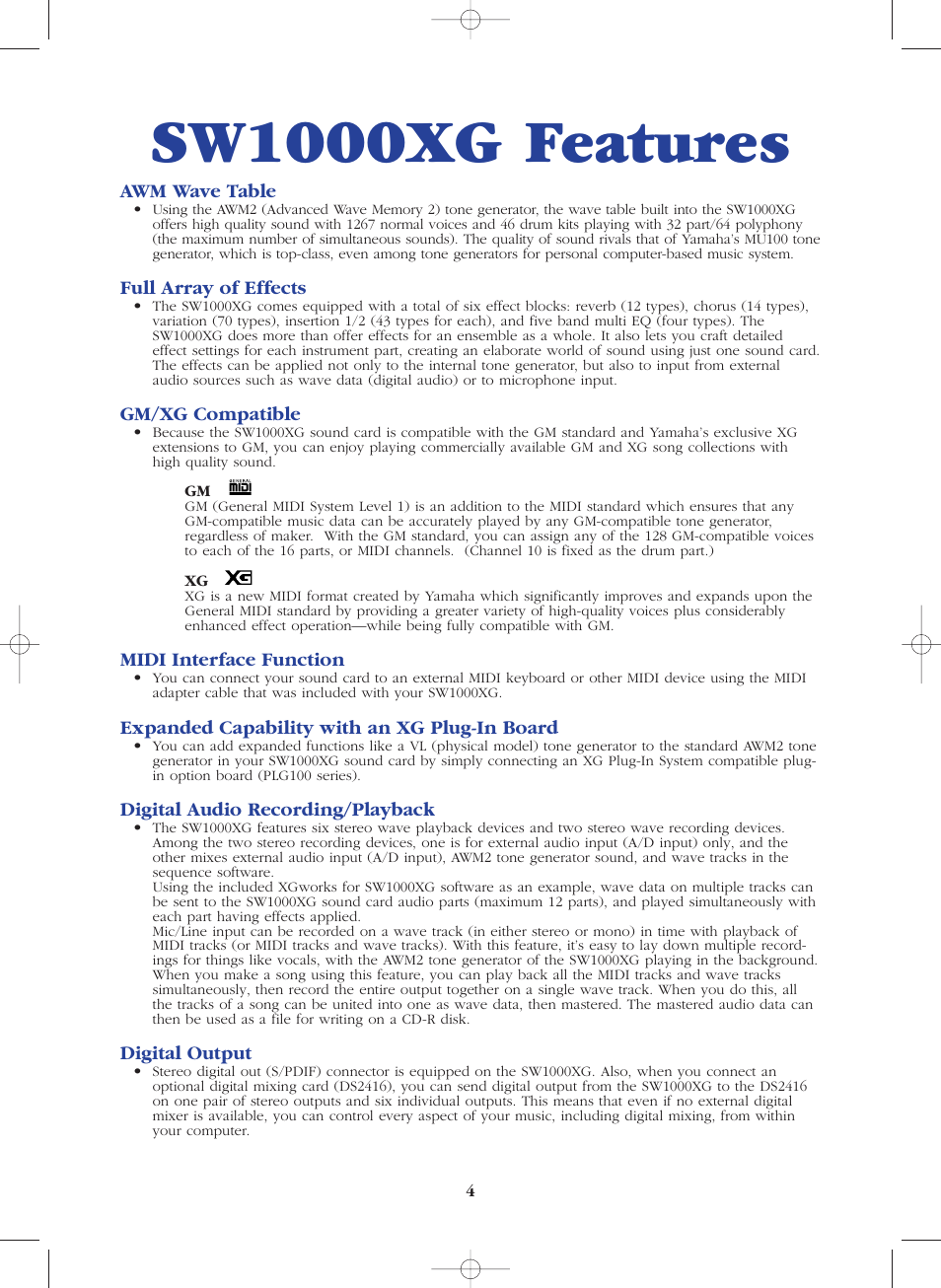 Sw1000xg features | Yamaha SW1000XG-E User Manual | Page 4 / 48
