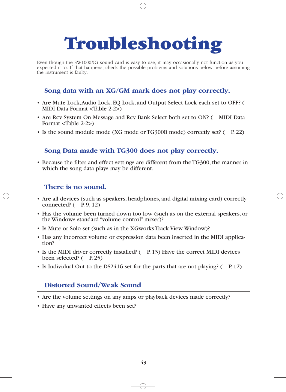 Troubleshooting, Song data made with tg300 does not play correctly, There is no sound | Distorted sound/weak sound | Yamaha SW1000XG-E User Manual | Page 43 / 48