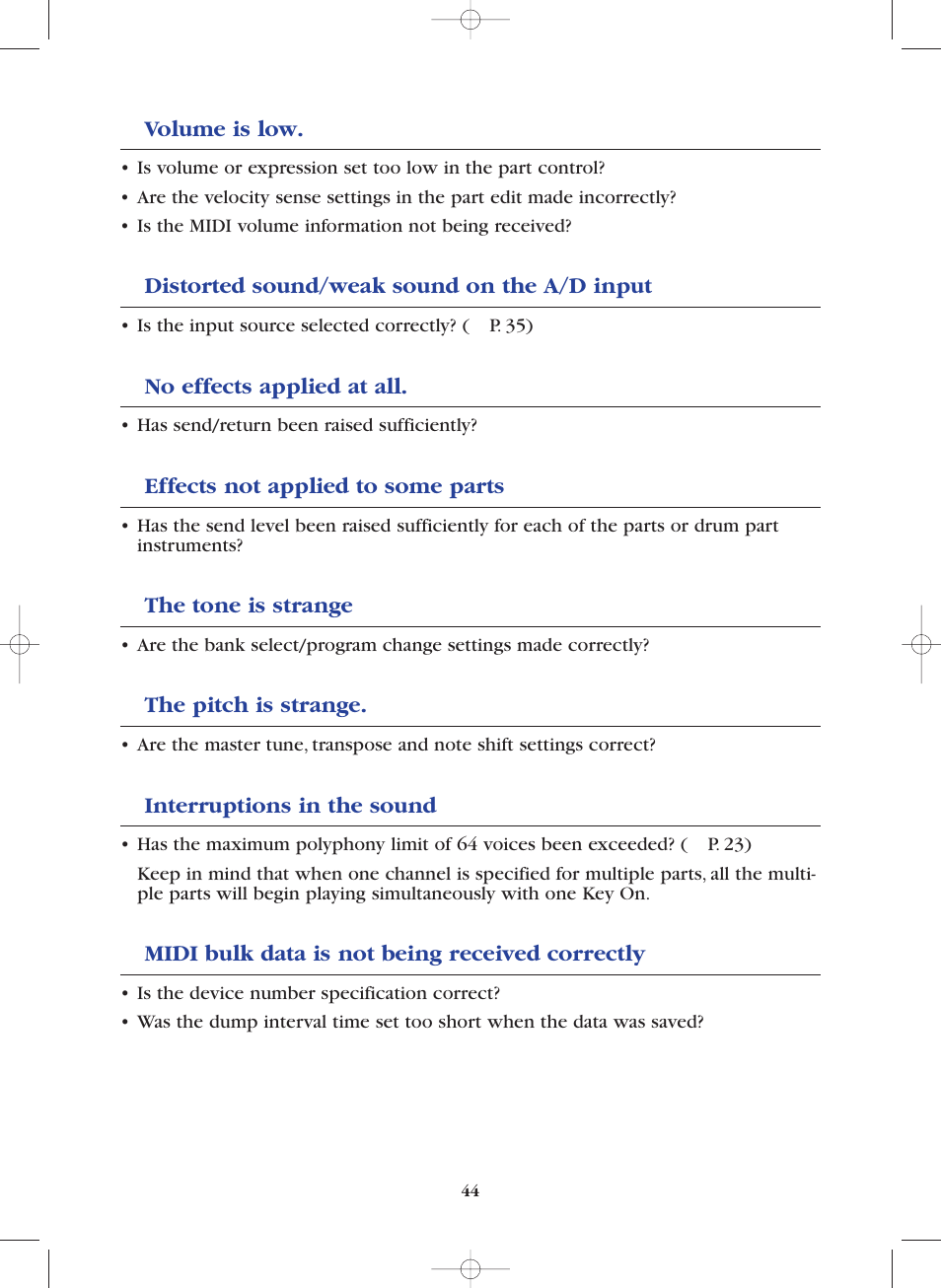 Volume is low, Distorted sound/weak sound on the a/d input, No effects applied at all | Effects not applied to some parts, The tone is strange, The pitch is strange, Interruptions in the sound, Midi bulk data is not being received correctly | Yamaha SW1000XG-E User Manual | Page 44 / 48