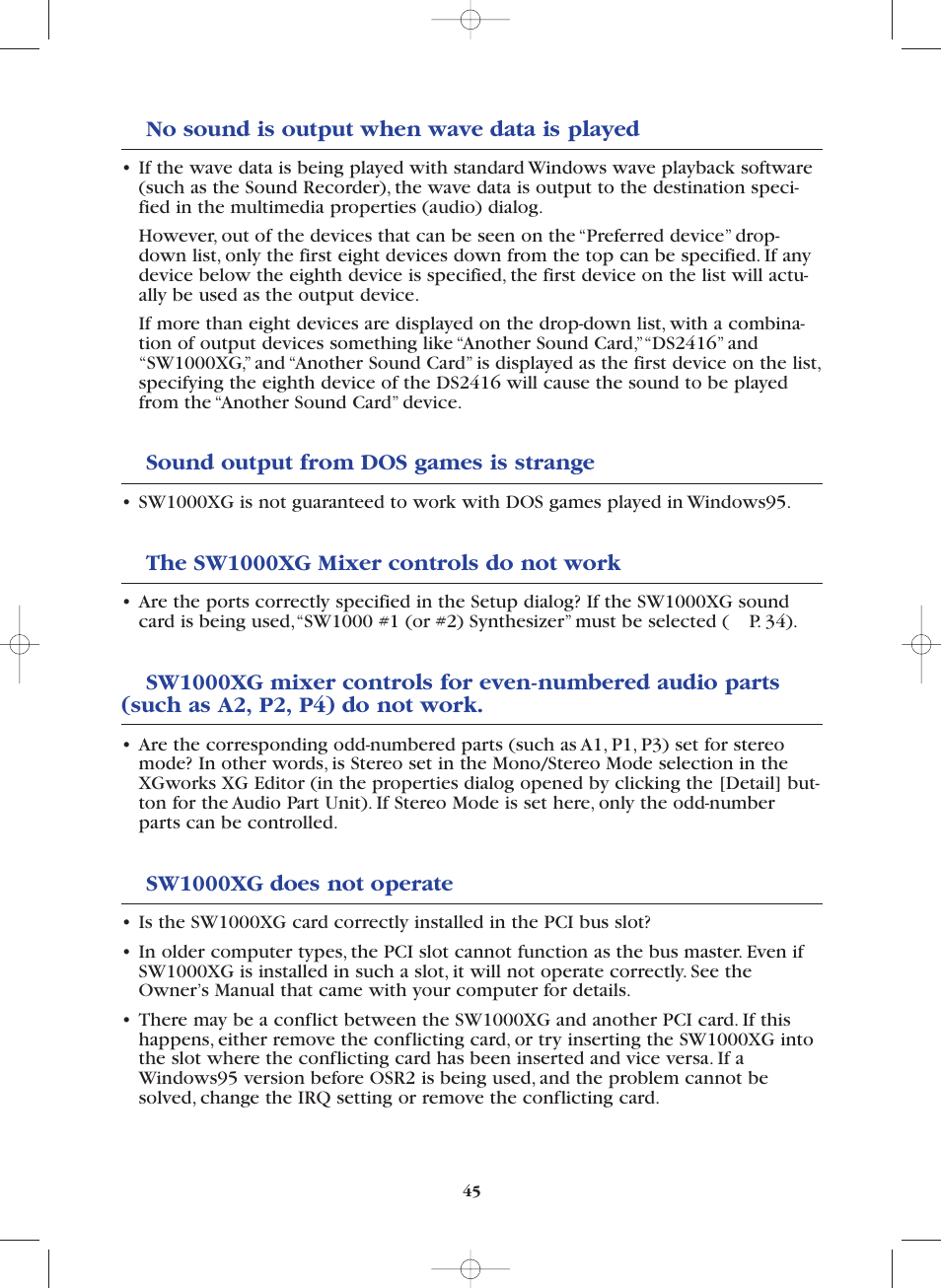 No sound is output when wave data is played, Sound output from dos games is strange, The sw1000xg mixer controls do not work | Sw1000xg does not operate | Yamaha SW1000XG-E User Manual | Page 45 / 48