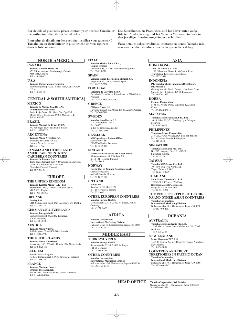 North america, Central & south america, Europe | Africa, Middle east, Asia, Oceania, Head office | Yamaha SW1000XG-E User Manual | Page 46 / 48