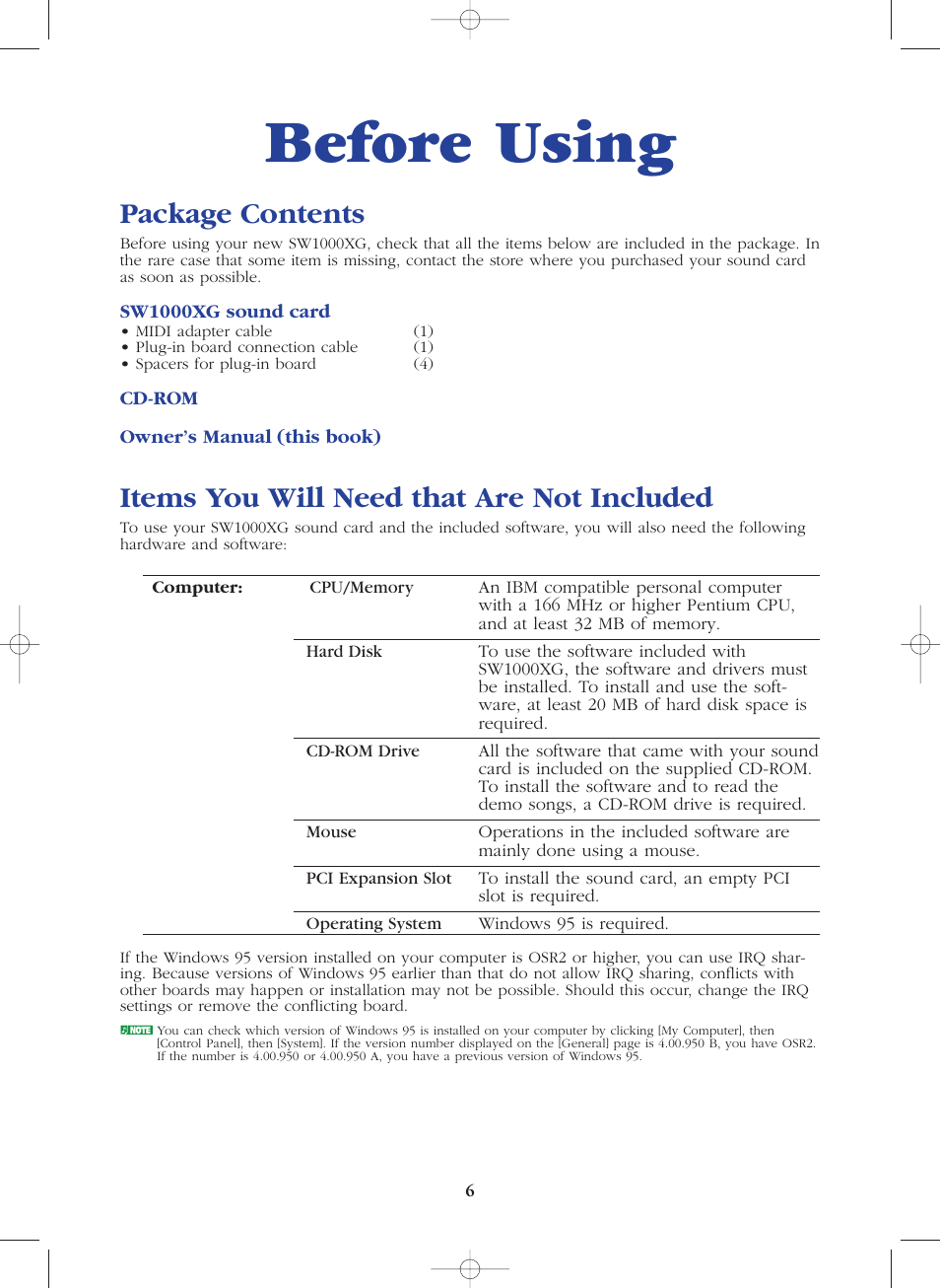 Before using, Package contents, Items you will need that are not included | Yamaha SW1000XG-E User Manual | Page 6 / 48