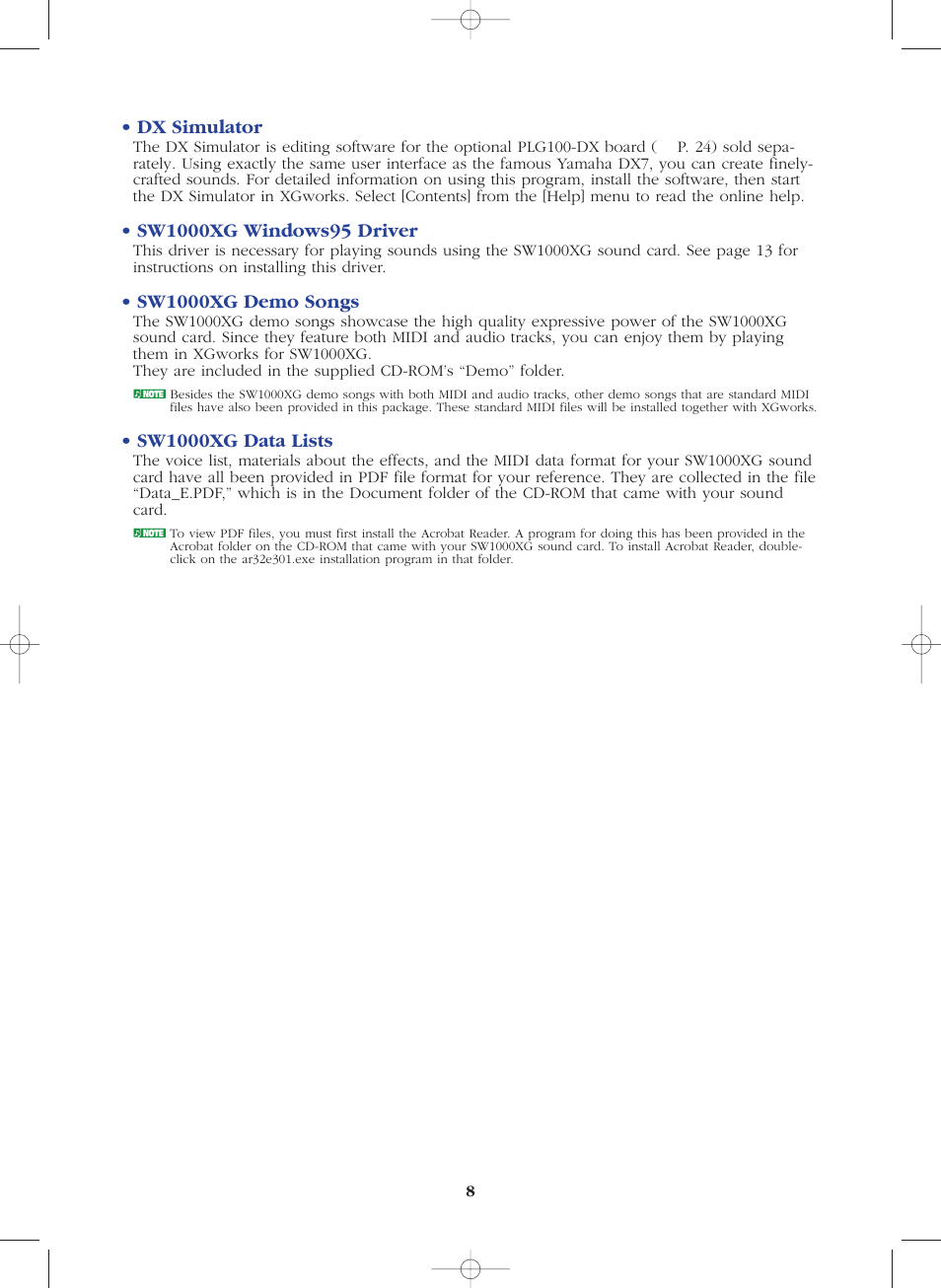 Dx simulator, Sw1000xg demo songs, Sw1000xg data lists | Yamaha SW1000XG-E User Manual | Page 8 / 48