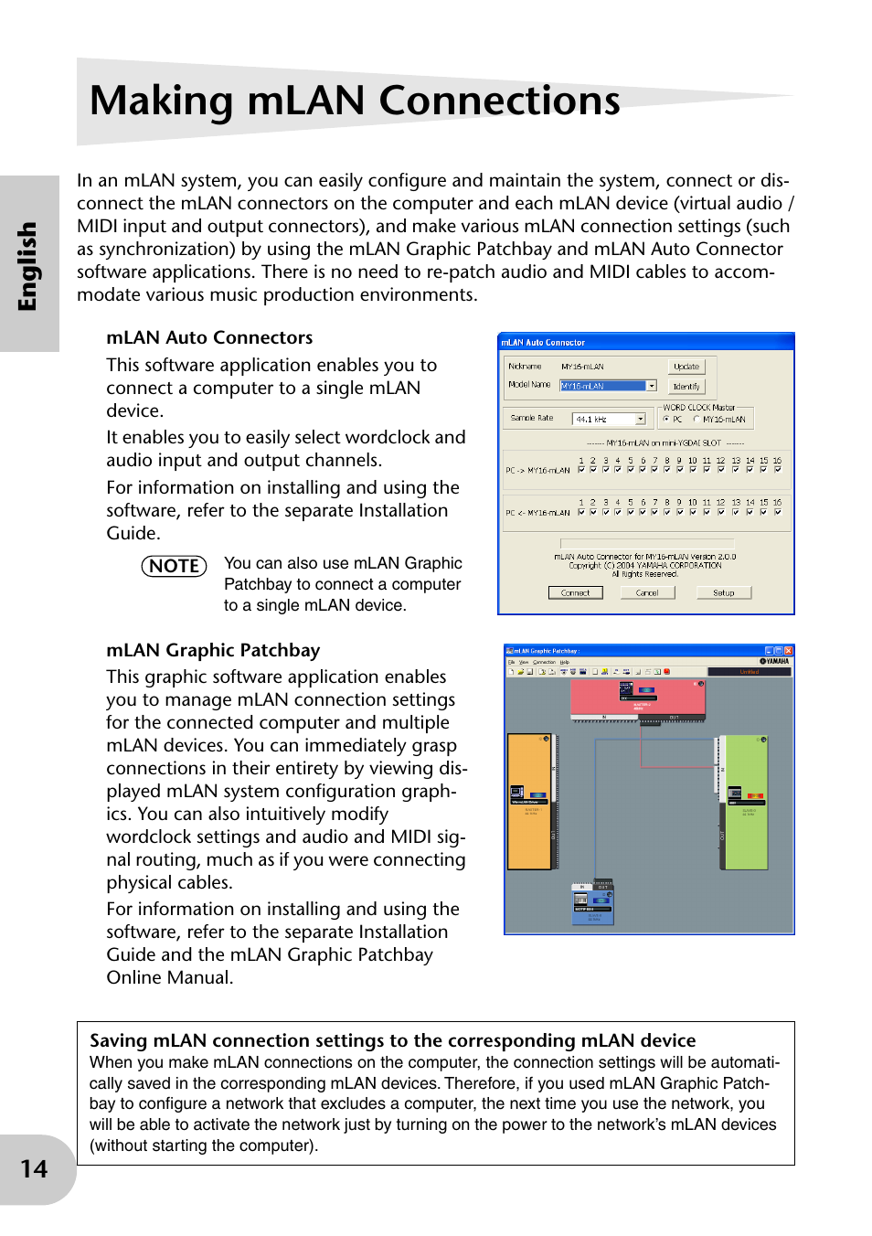 Making mlan connections, 14 english | Yamaha mLAN MY16 User Manual | Page 14 / 24