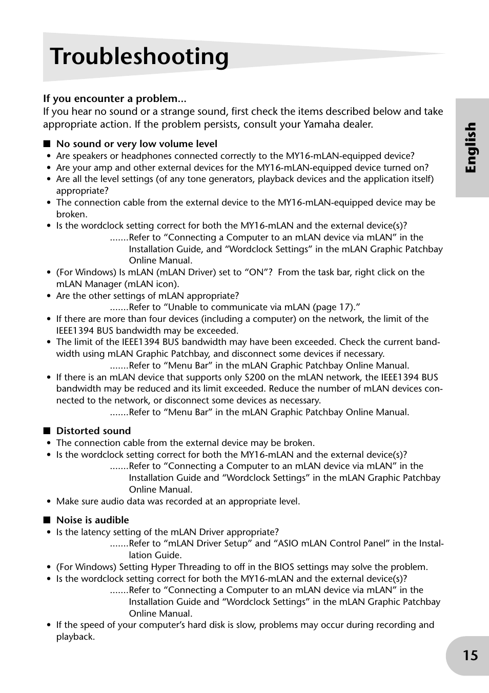 Troubleshooting, 15 english | Yamaha mLAN MY16 User Manual | Page 15 / 24