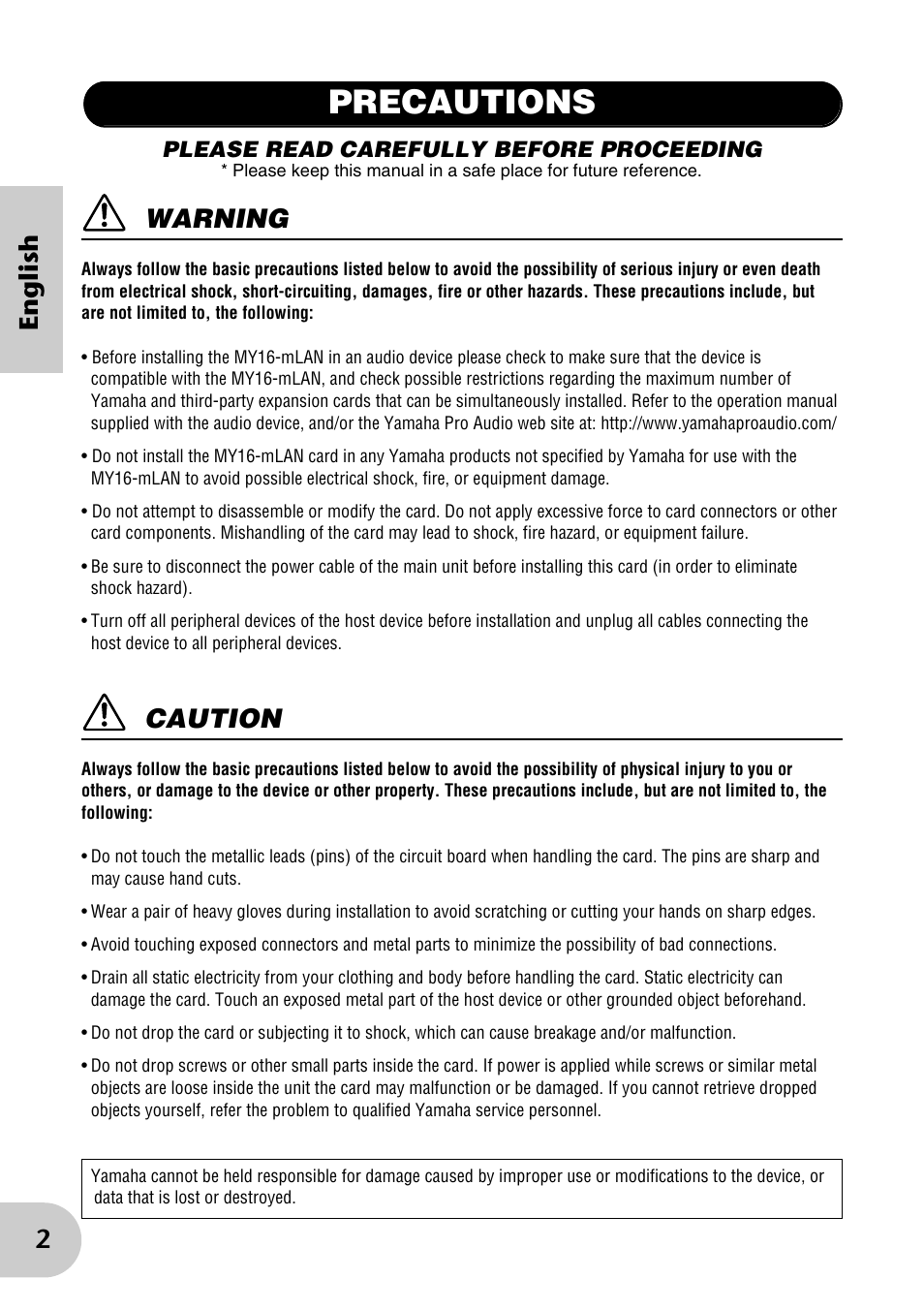 Precautions, 2english, Warning | Caution | Yamaha mLAN MY16 User Manual | Page 2 / 24