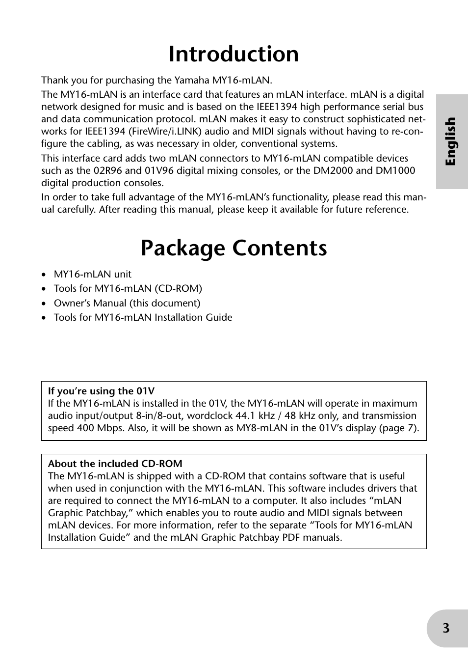 Introduction, Package contents | Yamaha mLAN MY16 User Manual | Page 3 / 24