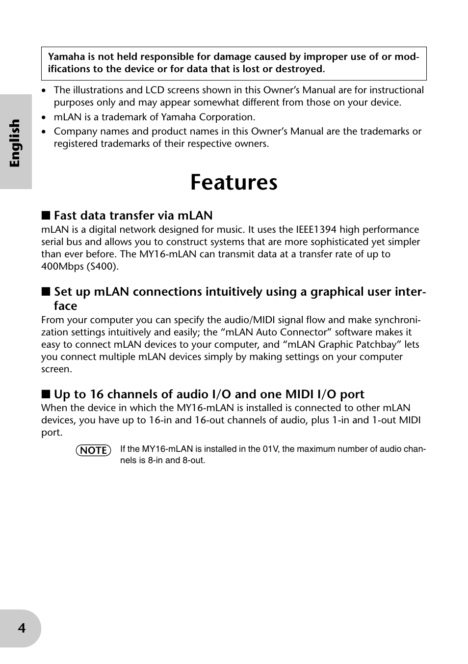 Features, 4english | Yamaha mLAN MY16 User Manual | Page 4 / 24