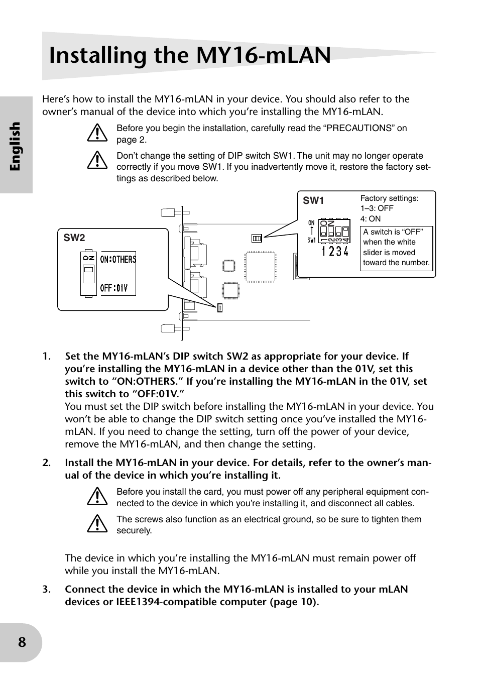 Installing the my16-mlan, 8english | Yamaha mLAN MY16 User Manual | Page 8 / 24