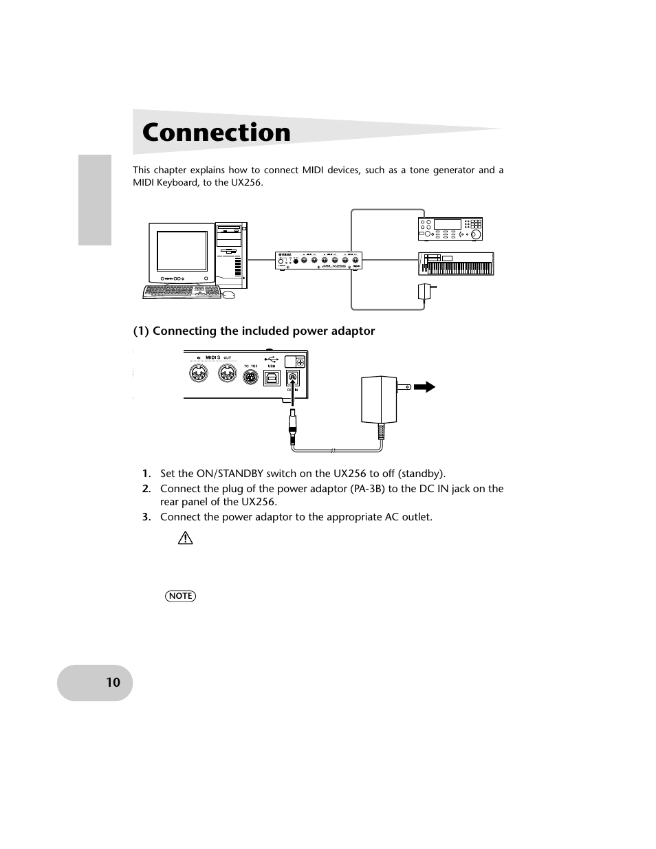 Connection, 1) connecting the included power adaptor | Yamaha UX256 User Manual | Page 10 / 34