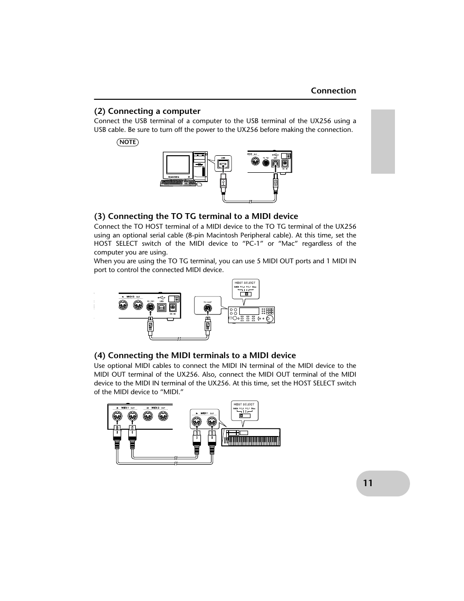 Connection, 2) connecting a computer, 3) connecting the to tg terminal to a midi device | 4) connecting the midi terminals to a midi device, Connection (2) connecting a computer | Yamaha UX256 User Manual | Page 11 / 34