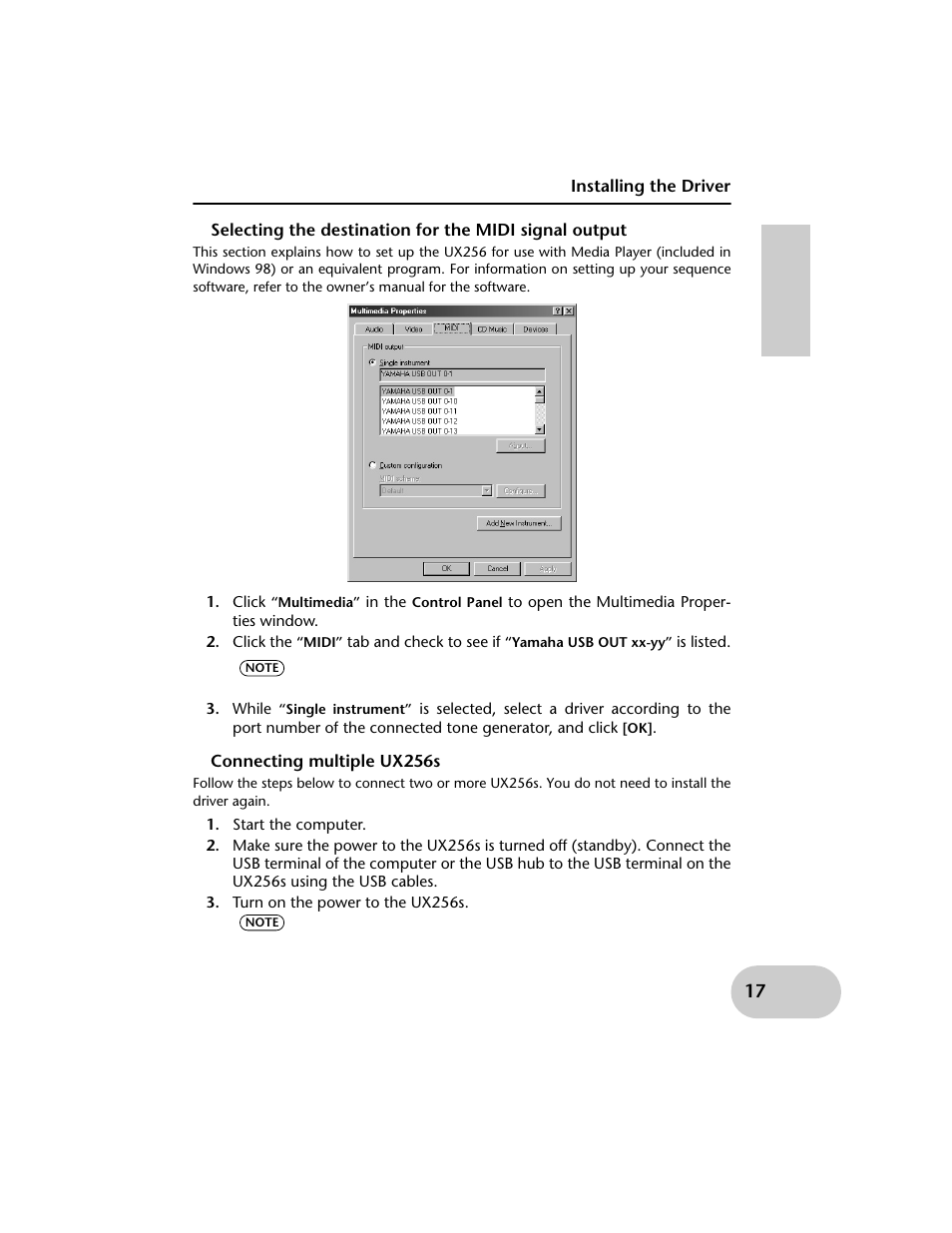 Installing the driver, Connecting multiple ux256s, Start the computer | Turn on the power to the ux256s | Yamaha UX256 User Manual | Page 17 / 34