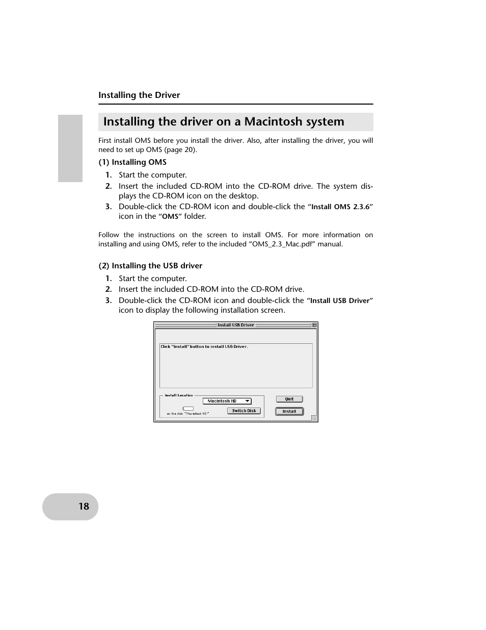 Installing the driver, Installing the driver on a macintosh system, Start the computer | Insert the included cd-rom into the cd-rom drive | Yamaha UX256 User Manual | Page 18 / 34