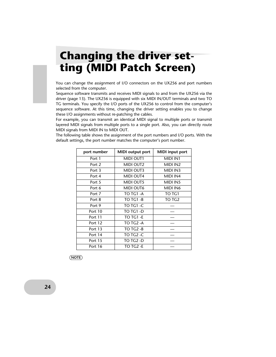 Changing the driver setting (midi patch screen), Changing the driver set- ting (midi patch screen) | Yamaha UX256 User Manual | Page 24 / 34