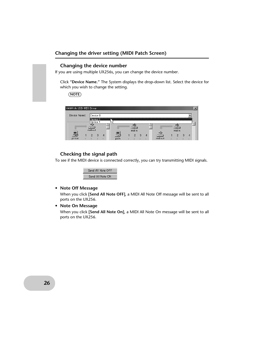 Changing the driver setting (midi patch screen), Changing the device number, Checking the signal path | Yamaha UX256 User Manual | Page 26 / 34