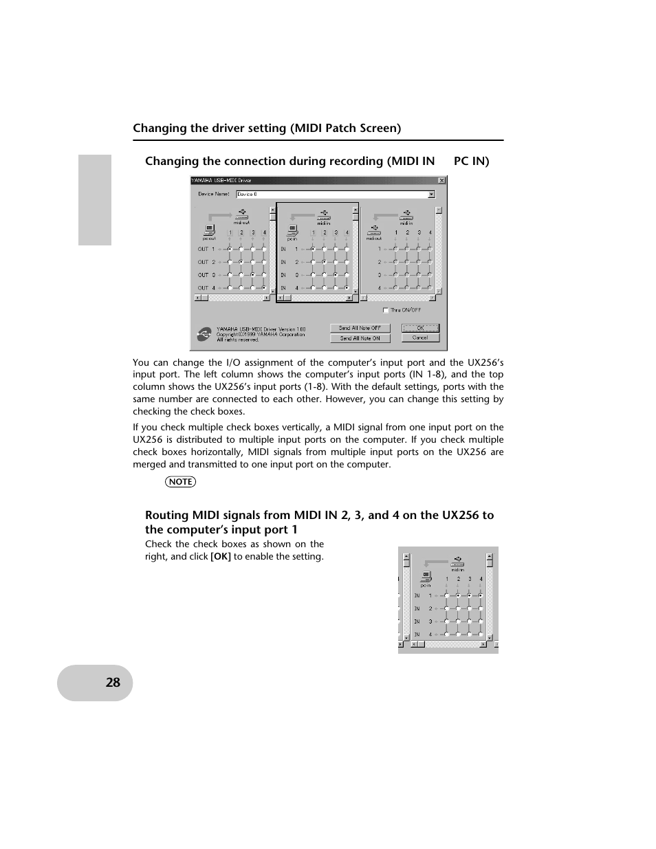 Changing the driver setting (midi patch screen) | Yamaha UX256 User Manual | Page 28 / 34