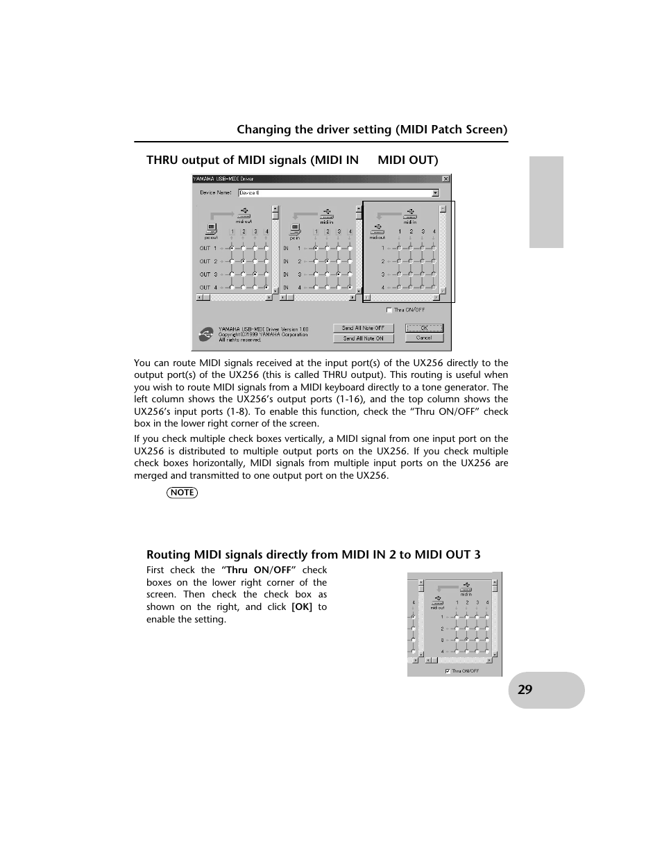 Changing the driver setting (midi patch screen), Thru output of midi signals (midi in æ midi out) | Yamaha UX256 User Manual | Page 29 / 34